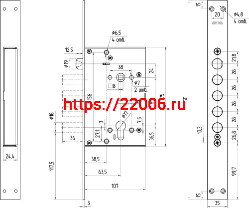 Корпус Mettem (Меттэм) врезного замка с защёлкой ЗВ7 318.П-Б (функция блокировки защёлки) фото 2 Корпус Mettem (Меттэм) врезного замка с защёлкой ЗВ7 318.П-Б (функция блокировки защёлки) фото 2