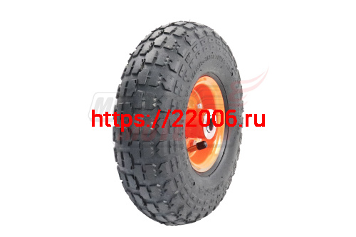 Колесо тачки садовой 4" 3,50-4" (под ось d=16мм, длина 75мм) симметричная ступица, подшипник, камера Колесо тачки садовой 4" 3,50-4" (под ось d=16мм, длина 75мм) симметричная ступица, подшипник, камера