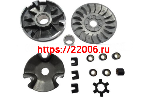 Вариатор Yamaha JOG-90 в сборе (ролики, наружный шкив, палец, шайба наружного шкива) Вариатор Yamaha JOG-90 в сборе (ролики, наружный шкив, палец, шайба наружного шкива)