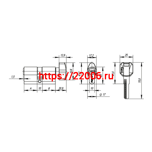 Цилиндровый Punto (Пунто) механизм MaxPro7002Knob60mm(25+10+25) BL черный 7key с вертушкой фото 3