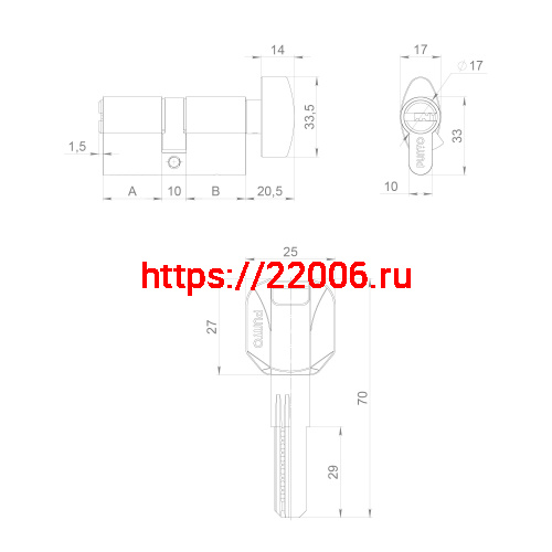 Цилиндровый Punto (Пунто) механизм (Z402/70) Z4002Knob70(30+10+30) с вертушкой PB латунь фото 4 Цилиндровый Punto (Пунто) механизм (Z402/70) Z4002Knob70(30+10+30) с вертушкой PB латунь фото 4